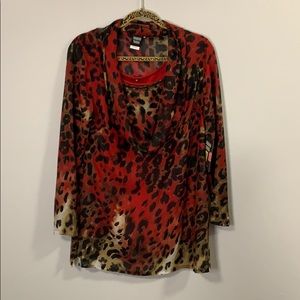 Sharon Young Cowl Neck top, red/leopard, size M